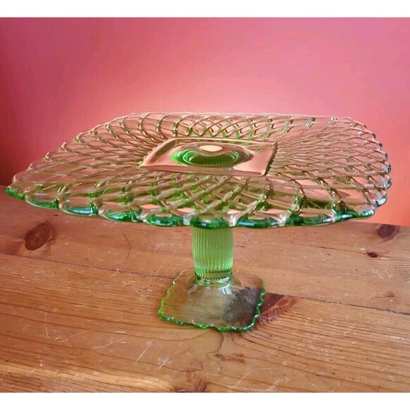 3 LE Smith & Rose Trellis Green Glass Square Pedestal Cake Stands Handmade USA - Picture 5 of 16